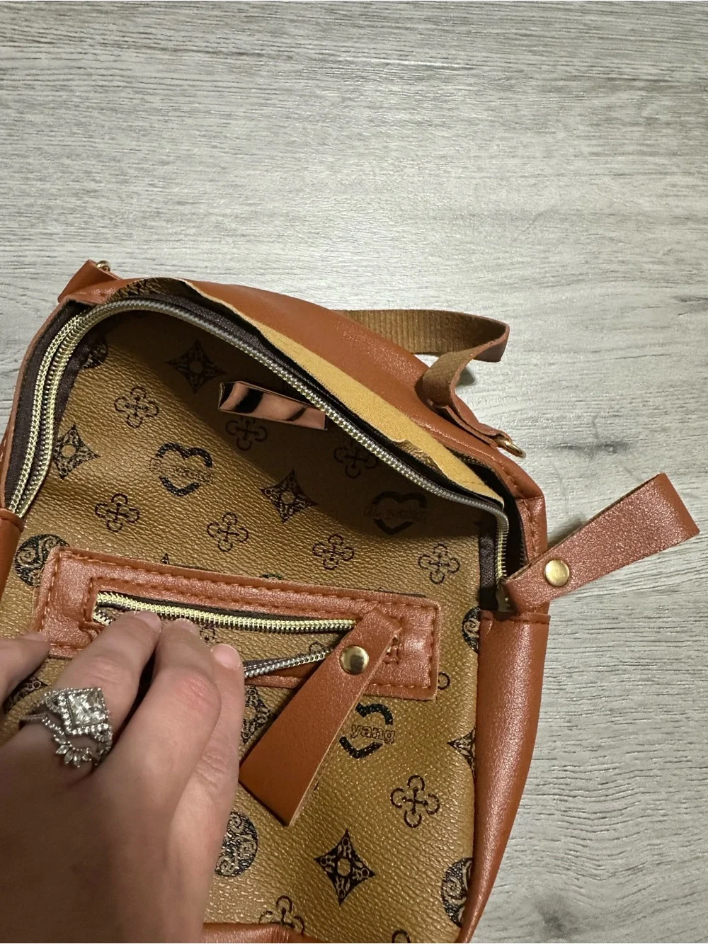 Women's Brown Monogram Crossbody Backpack - Stylish Tan Accent